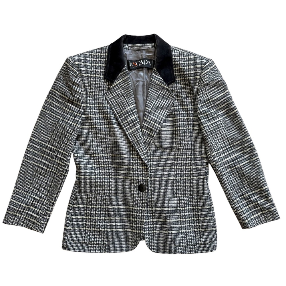 Escada by Margaretha Ley Vintage Houndstooth Wool Blazer Jacket Velvet Collar 40 - Picture 4 of 14